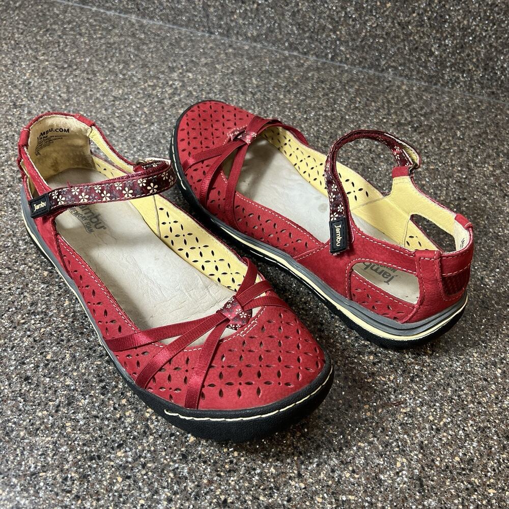 Jambu Memory Foam Womens Sz 8.5M Flats Comfort Casual Red Leather Mary Jane Shoe